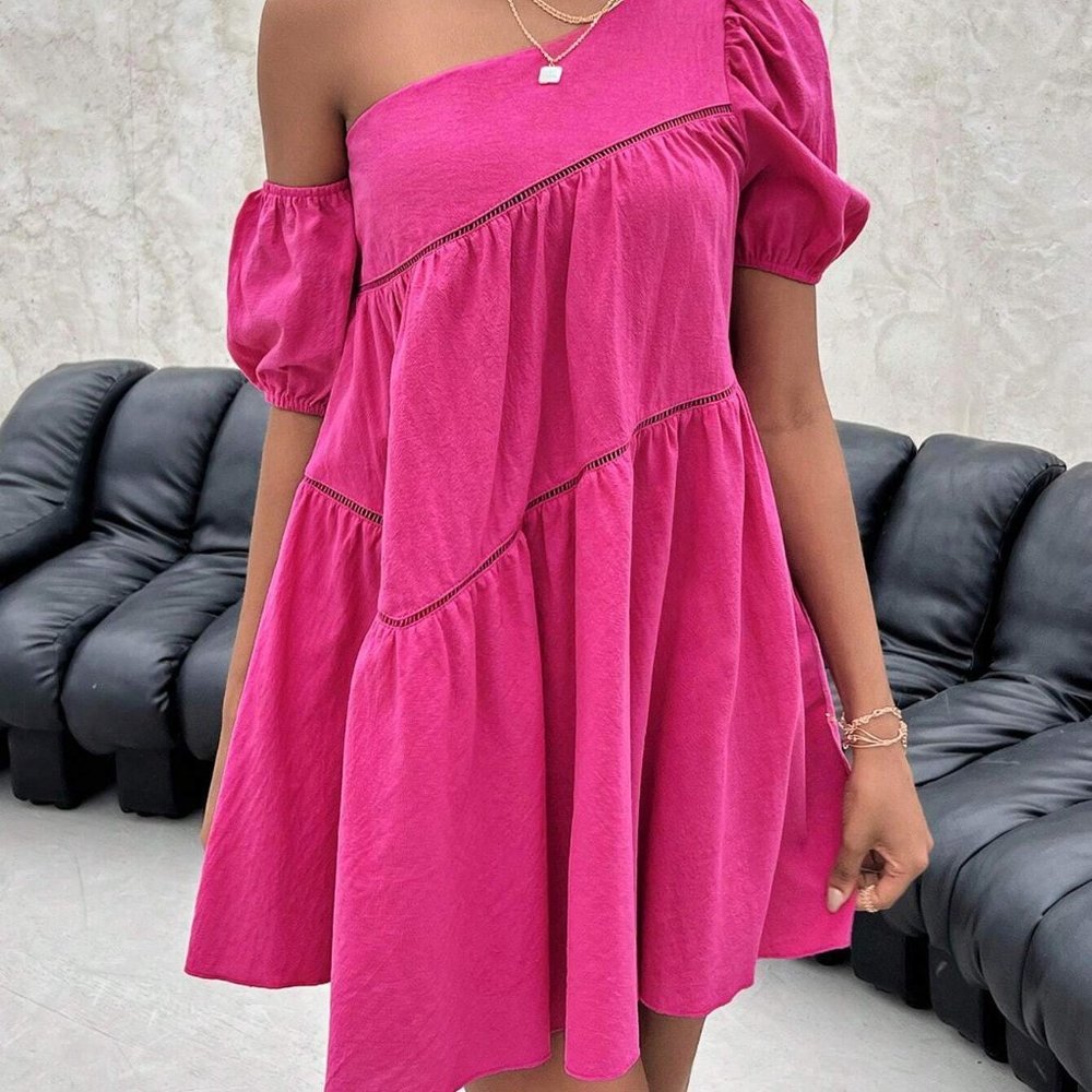 Pink Boho Womens Asymmetrical Neck Puff Sleeve Smock Dress - Picture 4 of 5